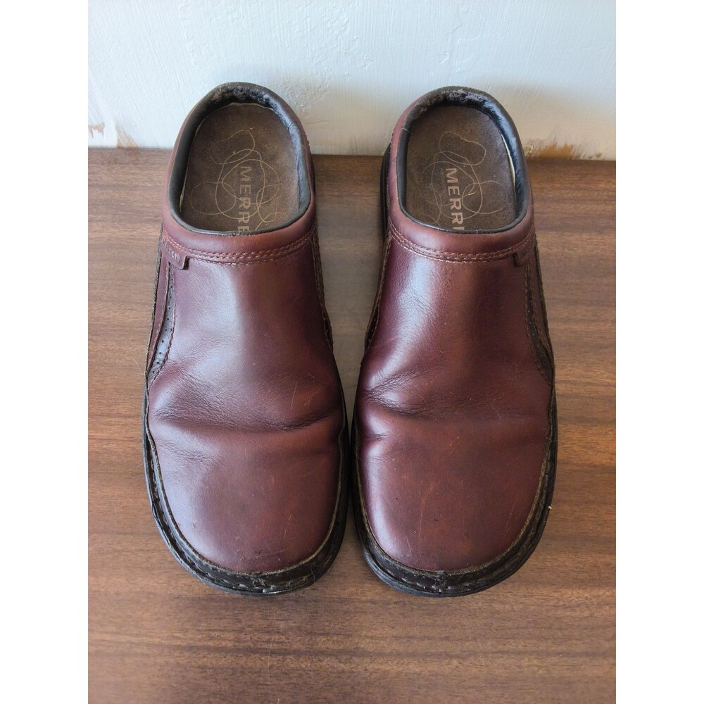 Merrell Brown Black Leather Slip On Clogs Mules Comfort Shoes Men's Size 10.5